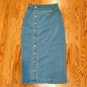 Light Blue Stretch Denim Button Down Midi Skirt - Size Small